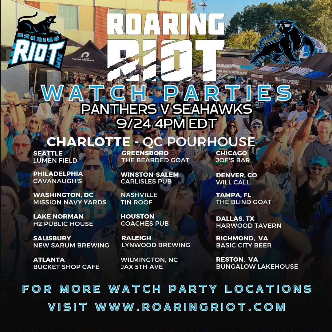roaringriot's tweet image. Hey Panthers Fans! Join your local chapter Watch Party for an unforgettable experience! 🏈📺💥 Can't make it to Seattle? Our watch parties bring the same electrifying vibe complete with fellow fans, high-fives, and some Keep Pounding chants. #GoBigCats #DoYouRiot #KeepPounding