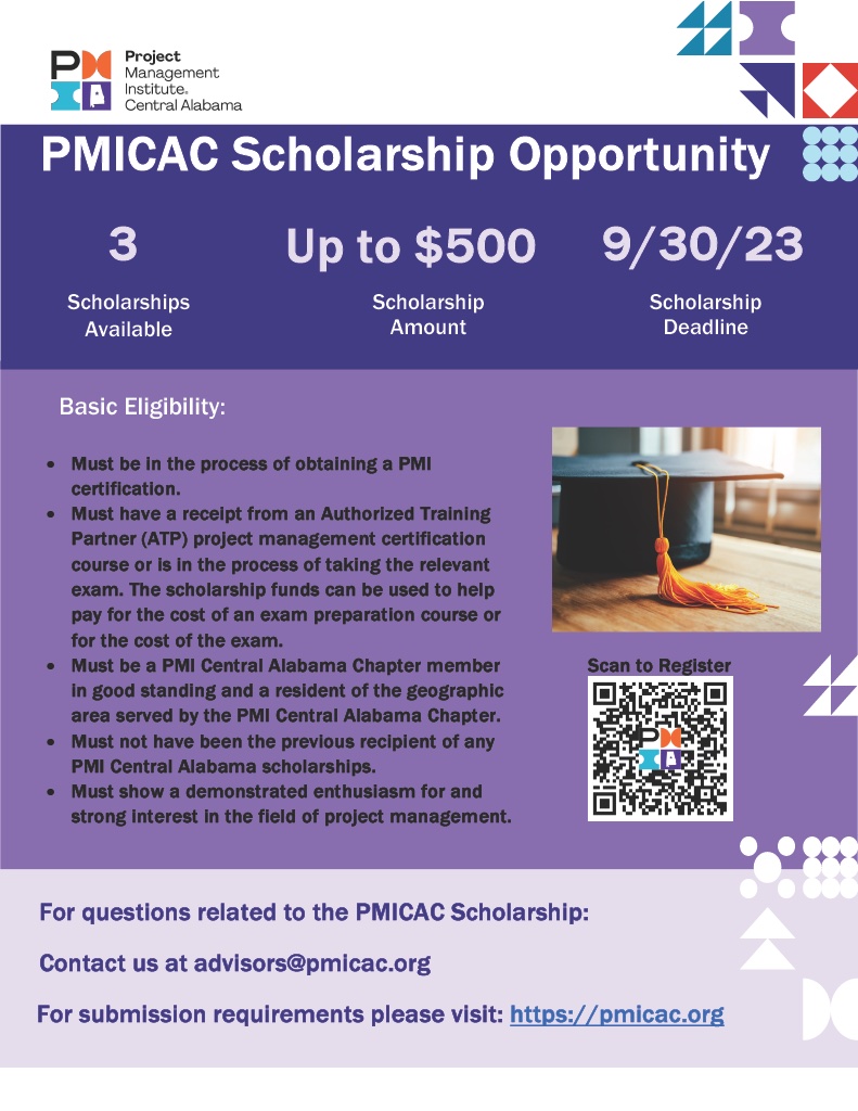 PMICAC Scholarship Opportunity!
Register today for a chance to earn up to $500 toward the cost of an exam preparation course or the cost of an exam! Deadline ends 9/30/23!
#pmp #scholarship #pmicac