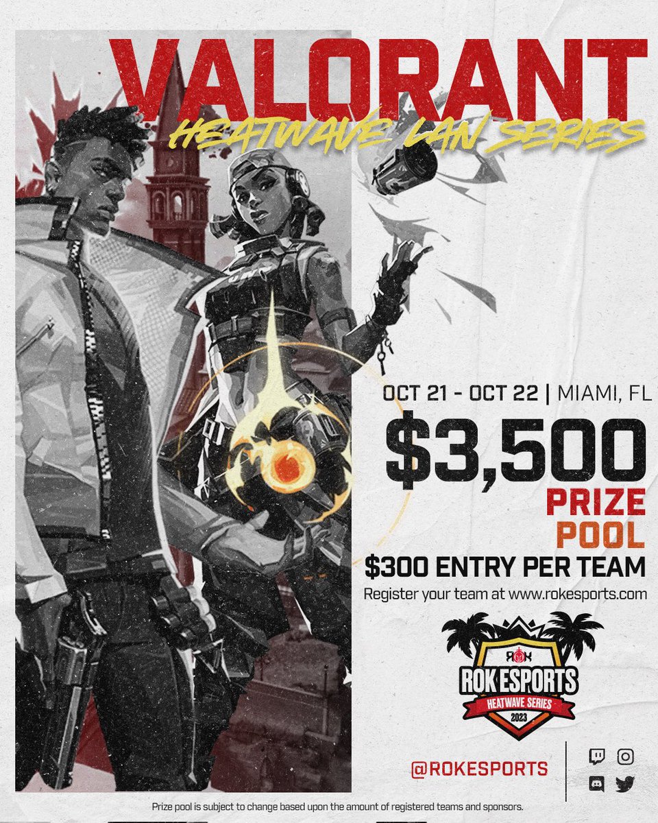ROKesports's tweet image. Hey Valorant community! 🌞🔥

We know you’re itching for more LANs!

📢 Save the new date for our scorching-hot Valorant Heat-Wave LAN tournament in sunny Miami! 🏖️

💰 Entry Fee:
- $300 per team ($60 per player)
Purchase team pass: ROKesports.com

📅 Schedule:
-…