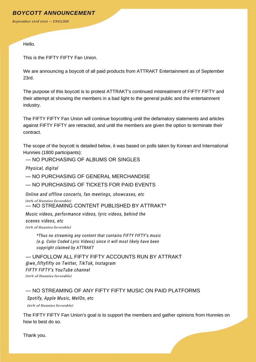 ablumearchived's tweet photo. The FIFTY FIFTY Fan Union will proceed with a boycott. 

이에 따라 피프티피프티 팬 연합은 불매운동을 권장하겠습니다.

#FIFTYFIFTY #피프티피프티 https://t.co/xvr6m6RltK
