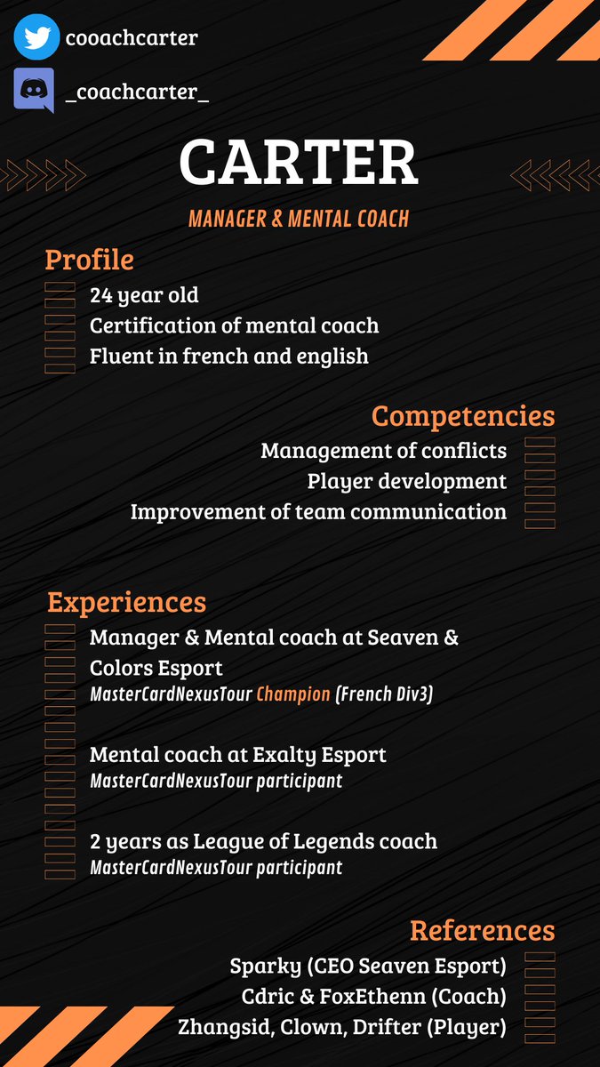 After a year in MNT with Seaven &amp; Colors Esport, I will be looking for new opportunities after the Coupe de France ! 

I will consider all offers but will privilege ERL2 as a Mental Coach and/or Manager !

Refs: <a href="/YaniSparky/">Sparky 🔱</a> <a href="/Cdric_lol/">Cdric del Sol</a> <a href="/FoxEthenn/">FoxEthenn</a> <a href="/Zhangsid1/">Zhangsid</a> <a href="/CLO0OOWN/">Clown</a> <a href="/Driftou/">TOM</a>