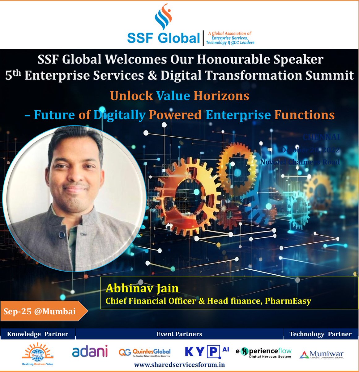 SSF_Global's tweet photo. #SSFGlobal warmly Welcomes our honorable Speaker Abhinav Jain Ranka at the 2-Day summit - 5th Enterprise Services &amp; Digital Transformation Summit 2023 on the theme:

Unlock Value Horizons – Future of #DigitallyPowered #EnterpriseFunctions
To Register: https://t.co/g3f17M4Xiw https://t.co/npawRvbexF