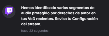 BTJoe1995's tweet photo. Siempre un "Hemos identificado varios segmentos de audio protegido por derechos de autor en tus VoD recientes... y nunca un "Se ha suscrito a tu canal" :v https://t.co/N6pioAcCkz
