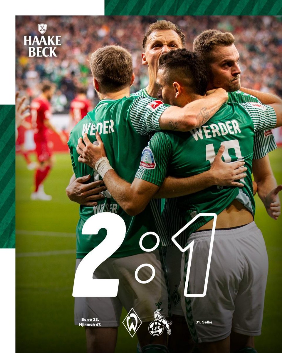 werderbremen's tweet photo. ⏱️90. +6 Minute

Heimsieg!!!! 

Werder schlägt den 1. FC Köln mit 2:1 nach Toren von #Borré und #Njinmah. 🎉💪

⚽️ 2:1 #SVWKOE | #Werder https://t.co/0oYj4PAOP2