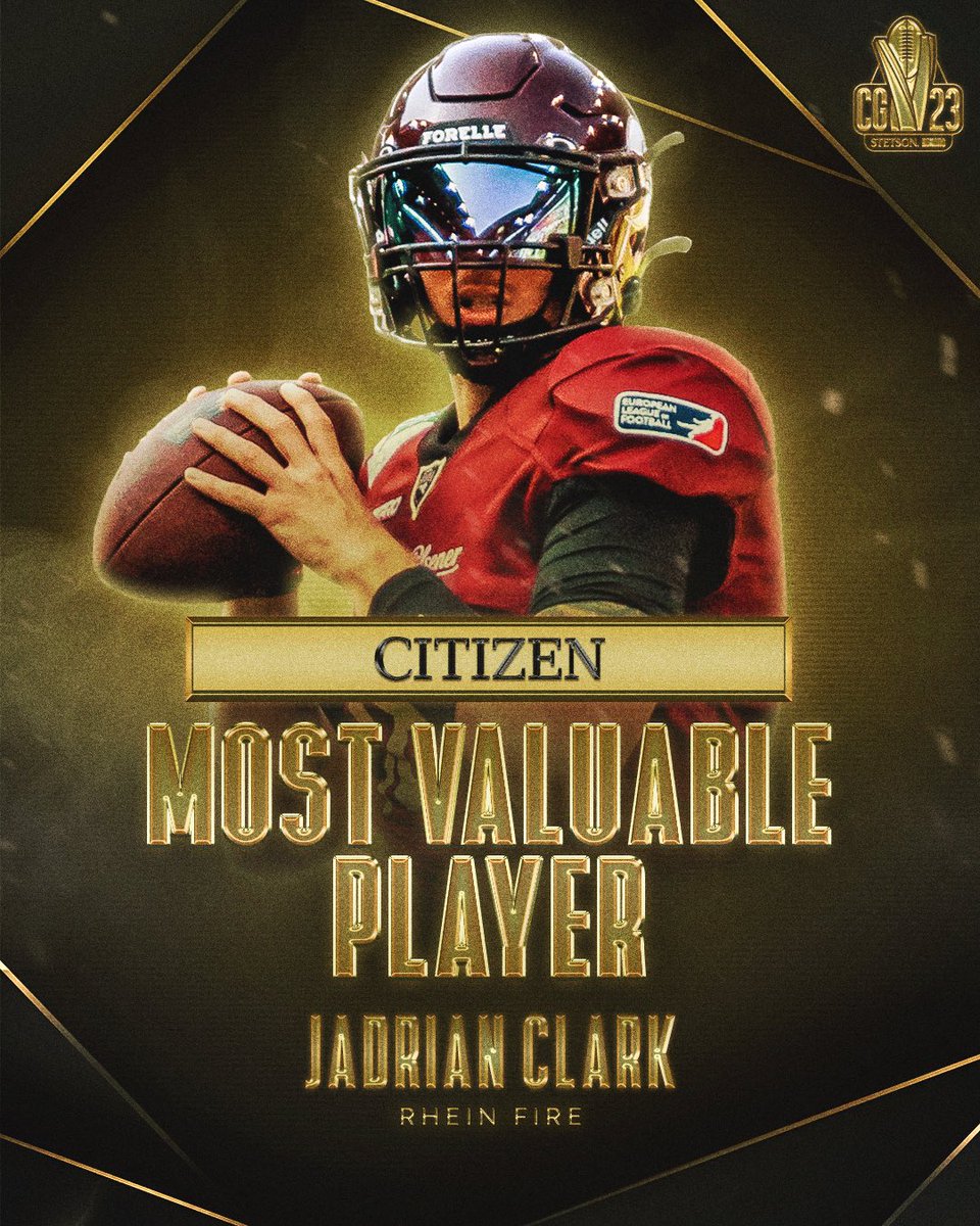 ELF_Official's tweet photo. 12-0 &amp; pulverising the TD record in a single season. This man lead his team to the #ELFCG23 and crushed opposing defenses over the whole season. 🔥 

Your MVP: @onewayjay10 🏆 https://t.co/6uKwtzLPXz