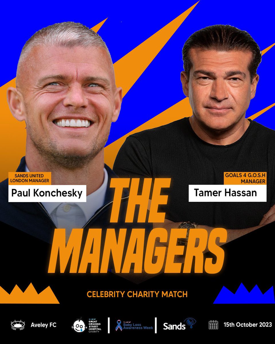 𝐓𝐡𝐞 𝐌𝐚𝐧𝐚𝐠𝐞𝐫𝐬

We are delighted to announce former Premier League footballer, <a href="/konch3/">Paul Konchesky</a> as our manager for the Celebrity Charity Football Match. ⚽️

Goals4GOSH welcome British actor, <a href="/tamerhassan/">Tamer Hassan</a> as their man in the charge for the day. 

🎟️ Ticket link in bio. 

🧡💙