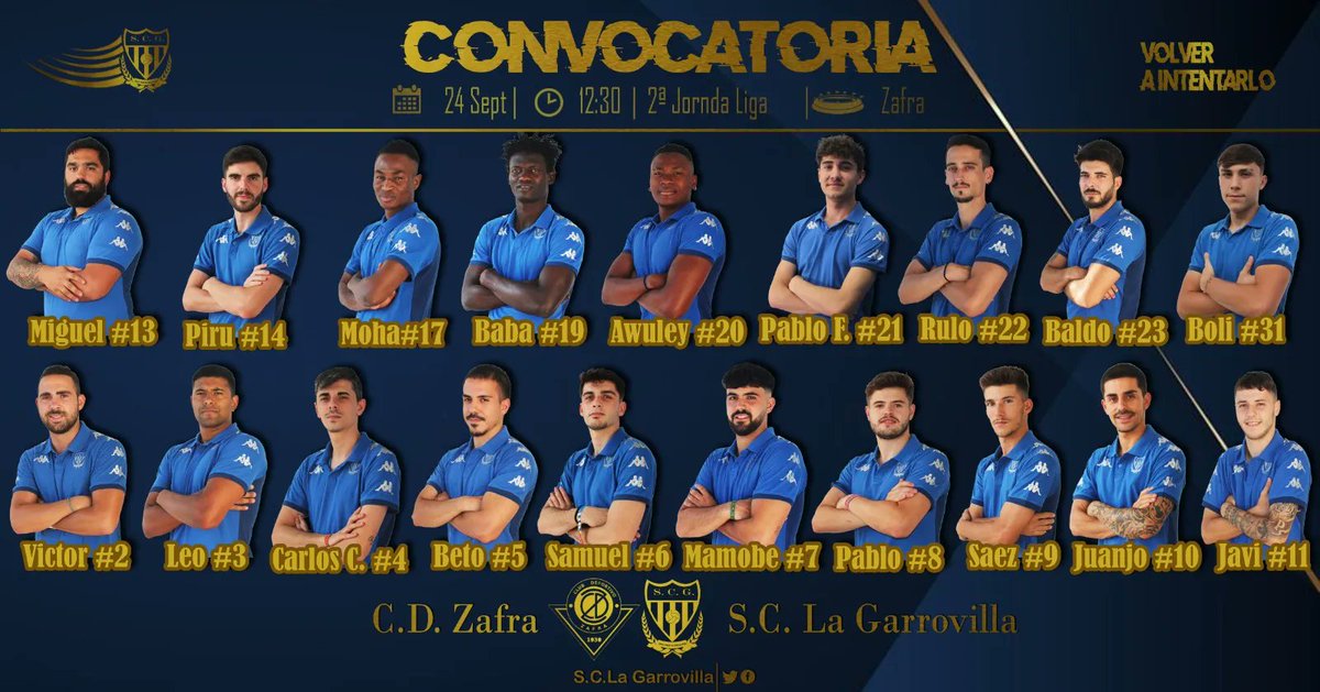 🔸CONVOCATORIA

Estos son los jugadores disponibles para el encuentro de mañana 🆚<a href="/CDZafra/">C. D. Zafra</a>

⌚️12:30 h
🏟️ Nuevo Estadio de Zafra
📍 Zafra

🔜Todos a arropar a los nuestros 

#VolverAIntentarlo 💙⚽️