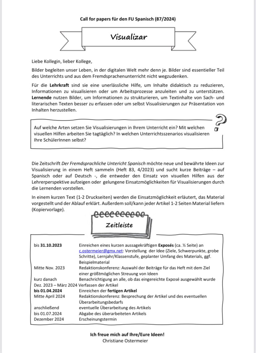 Bilder und Visualisierungen jeglicher Art sind essenzieller Teil unseres Spanischunterrichts und erfüllen eine Vielzahl von Funktionen. Im neuen FSU Spanisch "Visualizar"  @friedrichverlag möchten wir Ideen dazu sammeln. #callforpapers
#sketchnotes #twlz