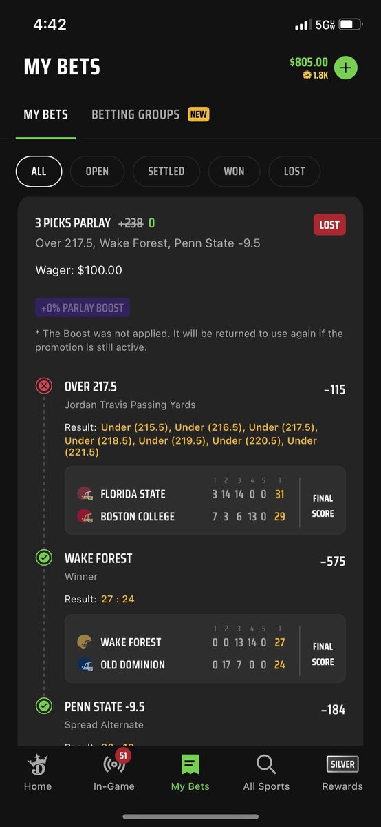 J_Snider35's tweet photo. @DKSportsbook even after you guy’s originally payed it out and then took the the money out of my account and declared it a loss Jordan Travis had 222 yards passing https://t.co/KJp5bxImjm