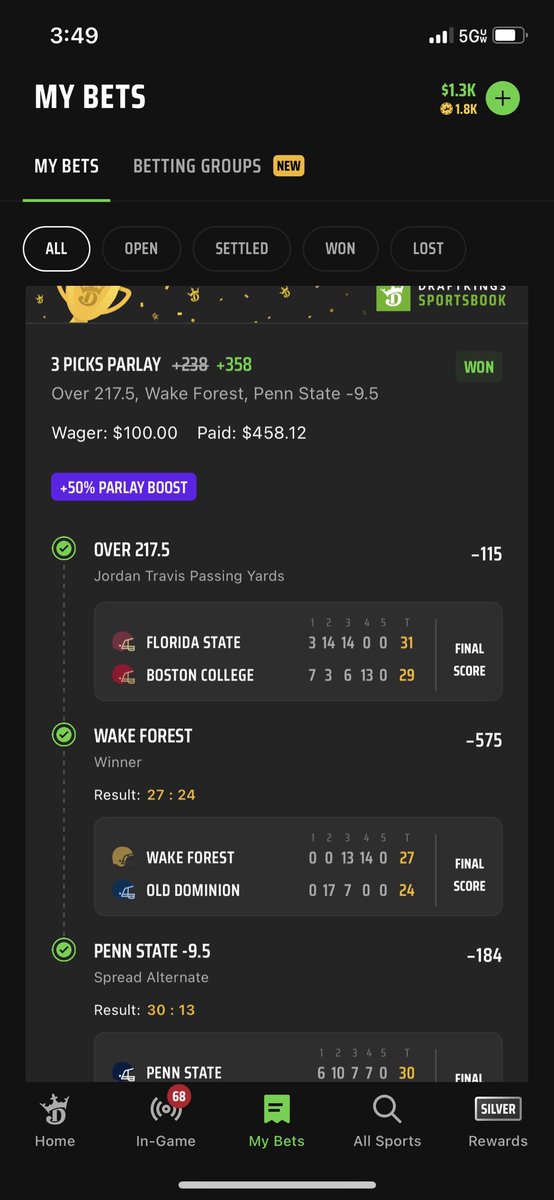 J_Snider35's tweet photo. @DKSportsbook even after you guy’s originally payed it out and then took the the money out of my account and declared it a loss Jordan Travis had 222 yards passing https://t.co/KJp5bxImjm