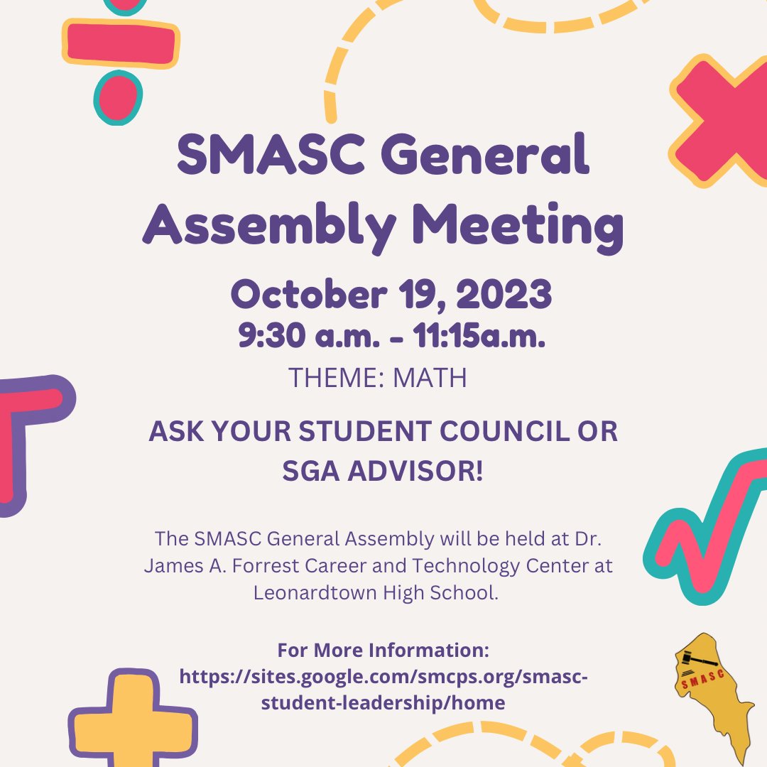smcpsHistory's tweet photo. St. Mary's Association of Student Councils (SMASC) will host a General Assembly meeting on Thursday, October 19, 2023. Learn more about the event - https://t.co/5zCEcB7H3G https://t.co/udti5oHwdK