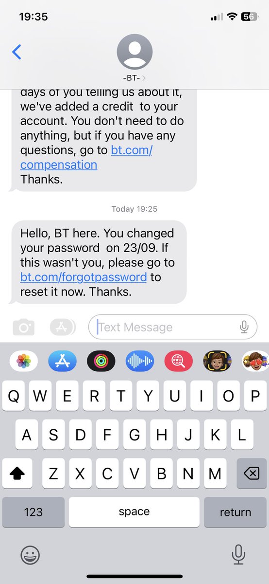 MaggehX's tweet photo. @bt_uk received a text from “BT” (have received other legit texts from BT from the same number) about my password changing and adding a link.  Checking if this is a scam? https://t.co/a8ecTxXo4U