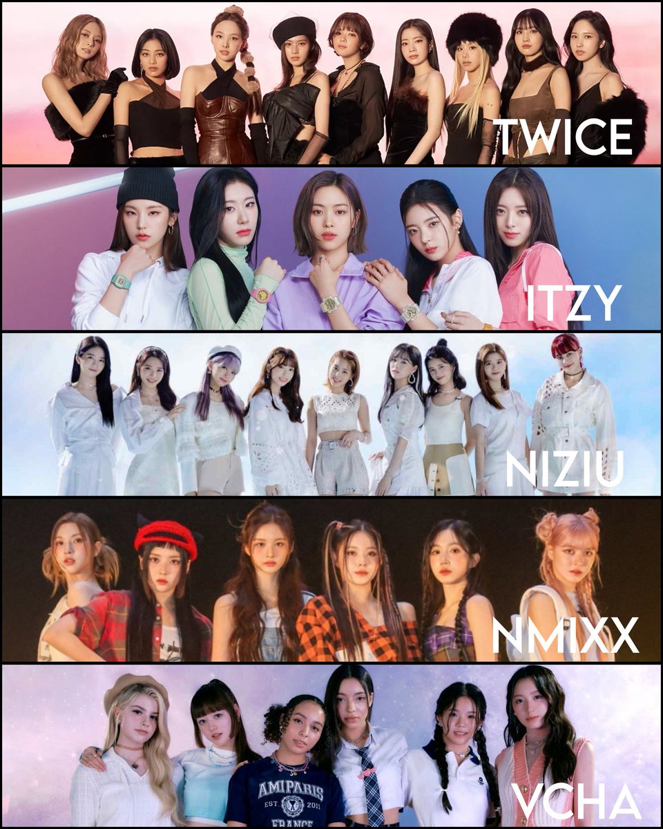 twice_mixx's tweet photo. JYPE is now the first company to have 5 active girlgroups at once😵‍💫

- TWICE (2015-) 
- ITZY (2019-)
- NiziU (2020-)
- NMIXX (2022-)
- VCHA (2023-) https://t.co/BJy2tN8qra