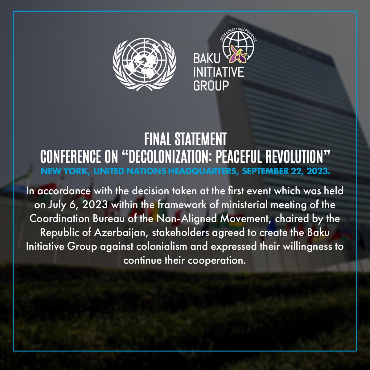 AzEmbKuwait's tweet photo. #BakuInitiativeGroup raises issue of #neocolonialism at @UN.
#FinalStatement.
🇦🇿🇰🇼
#colonialism #France #Macron
@EmmanuelMacron
#kuna #Kuwait #gulfnews #arabnews
#Azerbaijan https://t.co/z6Kc0dPlm7