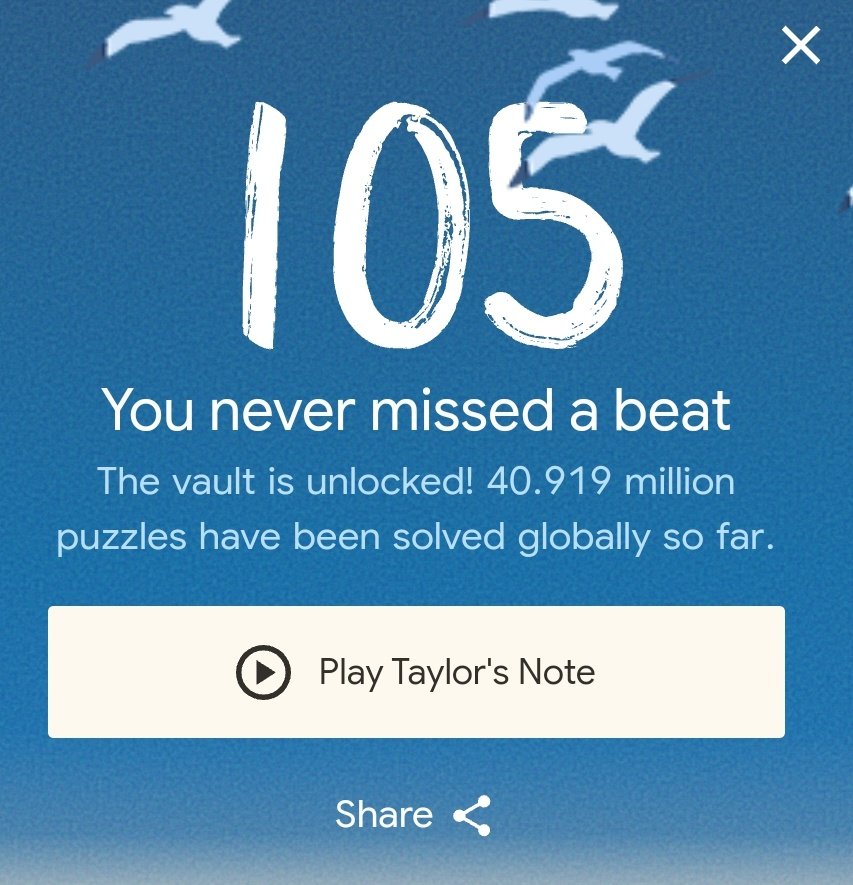 I think I did the <a href="/taylorswift13/">Taylor Swift</a> Google vault thing wrong, I seem to have missed the screen saying "congrats you answered all 89" 🤷‍♀️ 🤣 #1989tv