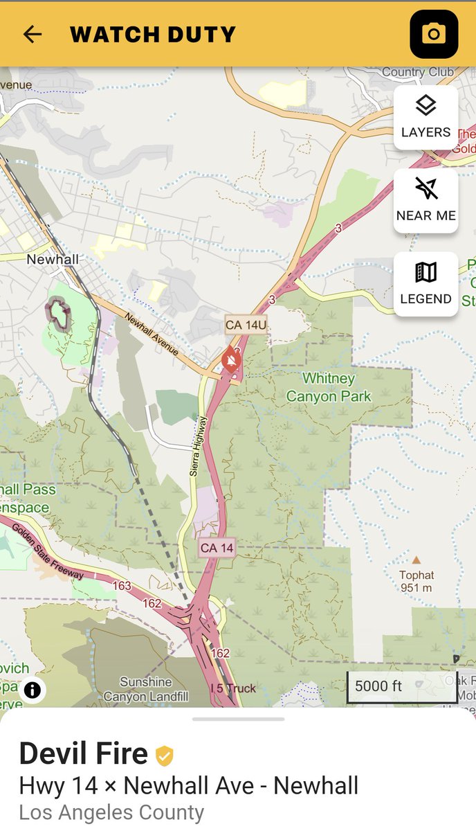 CodeRed001Blue's tweet image. 9/23/2023 VEGETATION FIRE #DevilFire Hwy 14 × Newhall Ave - Newhall Los Angeles County. app.watchduty.org/i/12992#allow-… [watchduty] 

3:20PM Forward progression stopped.

3:19PM Approx 1/4 acre in light flashy fuels, creeping with potential for 1/2 acre.