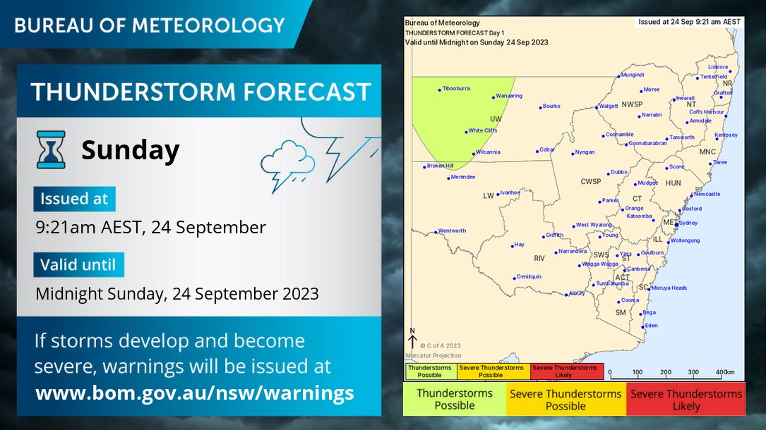 ⛈️#NSW Storm Forecast for today 24/9. Isolated afternoon storms are possible in the far northwest of the state. Locations include #Tibooburra, #WhiteCliffs & #Wilcannia. Severe thunderstorms are not expected. Check latest forecasts:ow.ly/TtQk50POOKn