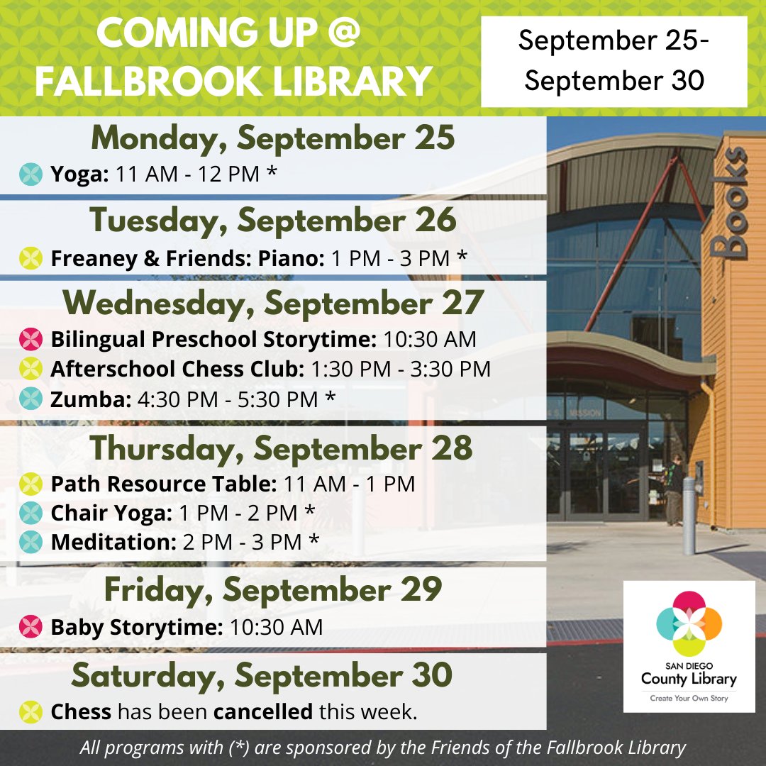 FallbrookSDCL's tweet image. Check out this week&apos;s events at the library!
#fallbrooklibrary #fallbrook #fallbrookca #sdcl