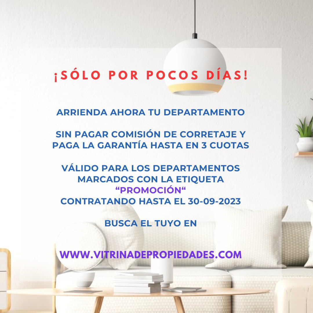 okiBROKERS's tweet photo. Promoción válida para los departamentos publicados en nuestro portal marcados con la etiqueta PROMOCIÓN. Más información en https://t.co/heWj4F0bDz

#promocion #departamentos #arriendos #arriendosenchile #arriendosensantiago #vitrinadepropiedades #okibrokers https://t.co/hU0PKGA8F1