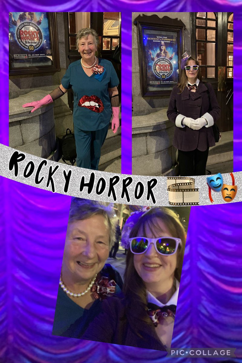 Albatwinma's tweet photo. Made it to Rocky Horror, 25 years since 1st one I saw in Abz - sneaky appearance of Love Island perty sunglasses from Gillian’s hoose 🤣Narrator = Mrs Lamb from Motherland (@JackieClune )which impressed one of the teenagers I abandoned at home #DestructoTwin no.1! @rockyhorroruk https://t.co/reLtkBF7Lp