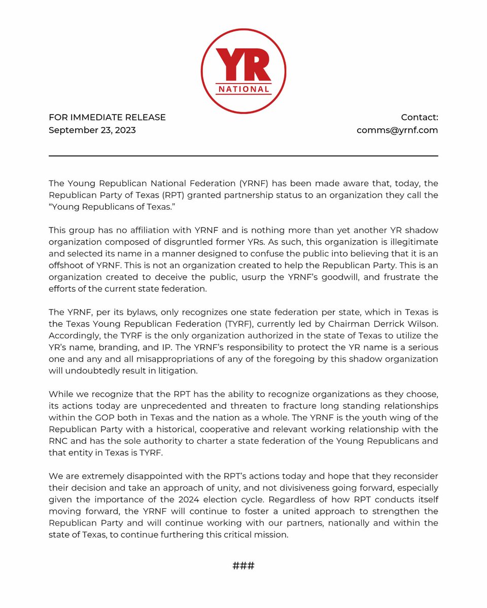 We've just released an important press statement regarding recent developments about the recent partnership status granted by the Republican Party of Texas (RPT) to an organization that call themselves the "Young Republicans of Texas."

Read our full statement below. #tyrf #yrnf