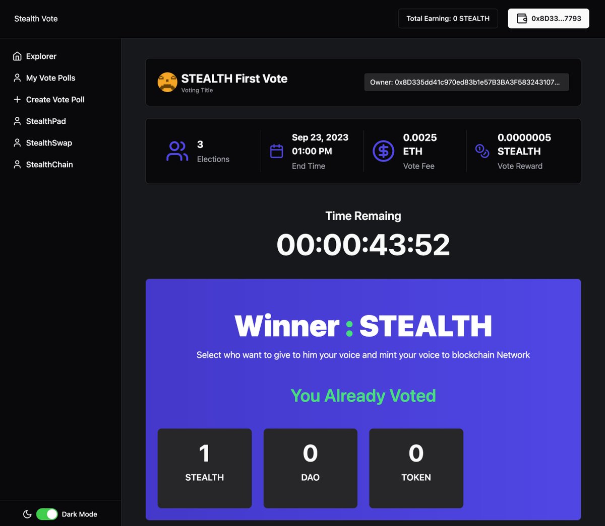stealthpadxyz's tweet photo. #STEALTH #vote #dapp is Live https://t.co/MUzKuVXoD2

$5 Fee to Create a Poll (Will Be Changed)
5k $STEALTH as a Reward per vote to al Holders! https://t.co/lhVVa8N6iB