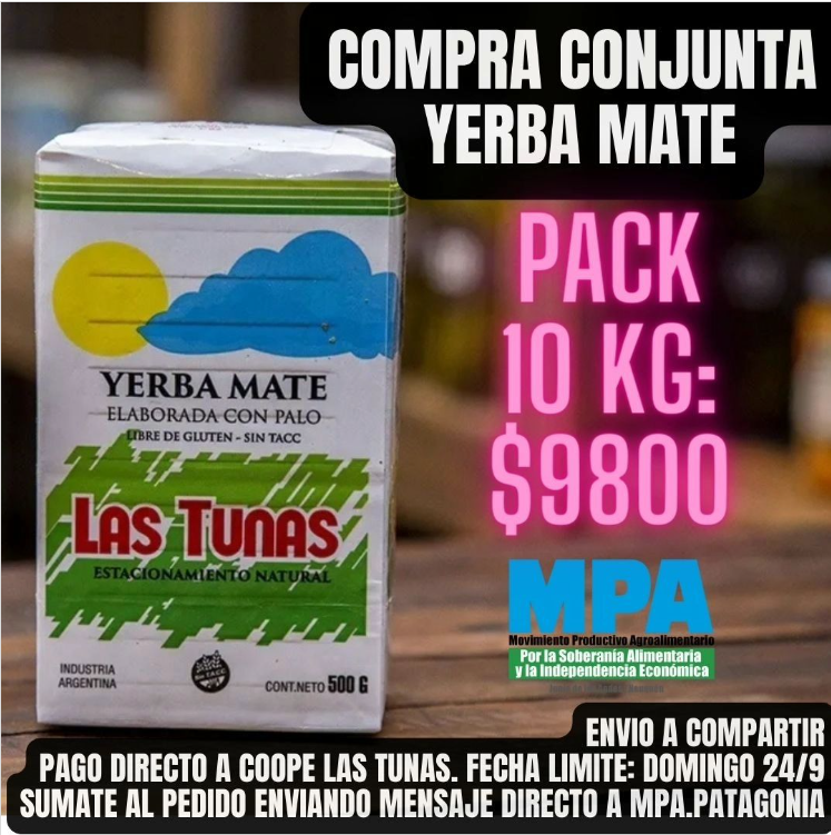 🌿Yerba #LasTunas de #Misiones a #Patagonia #SinIntermediarios

❤️Compra mínima: pack de 10 kg (paquetes de 1 kg).
Sumate este finde, sólo válido para vecinxs de Junín de los Andes, #Neuquén 

👉 instagram.com/p/CxhBoAtu5BK/…
👇