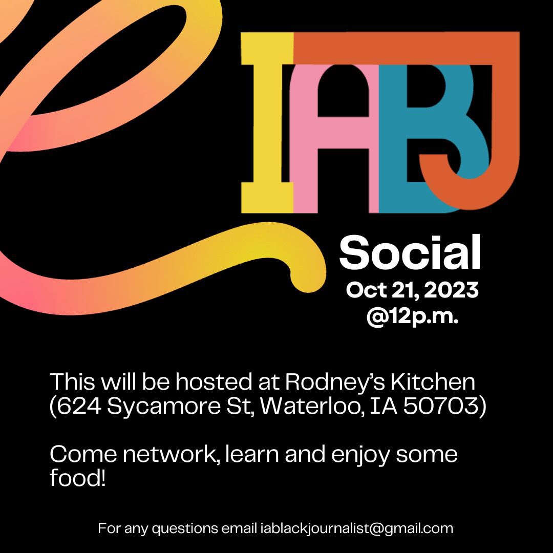 We are hosting our next social at noon on Oct. 21 at Rodney's Kitchen in Waterloo.

RSVP at IABlackJournalist@gmail.com to let us know if you can make it or if you want to hitch a ride from Des Moines.