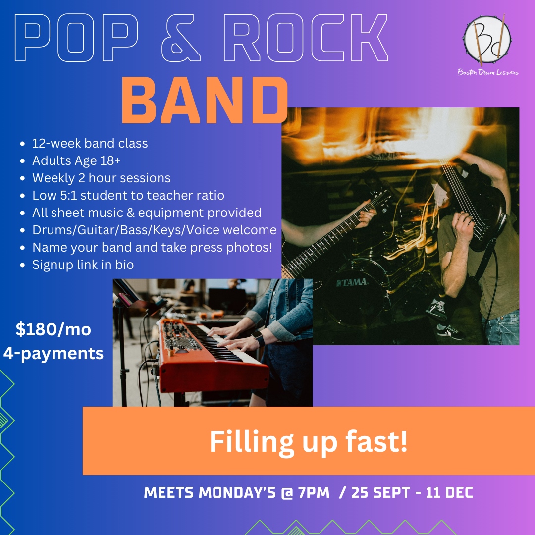 BostonDrummers's tweet image. Our Pop &amp;amp; Rock ensemble already filled up, but we&apos;re stoked for the first session in a couple of days! Stay posted for more group classes moving forward! 🤘🥁🎸🎹🎵⁠
⁠
#groupclass #grouplessons #musiccommunity #band #BostonDrumLessons #BDL #saturdayswag #itstheweekend