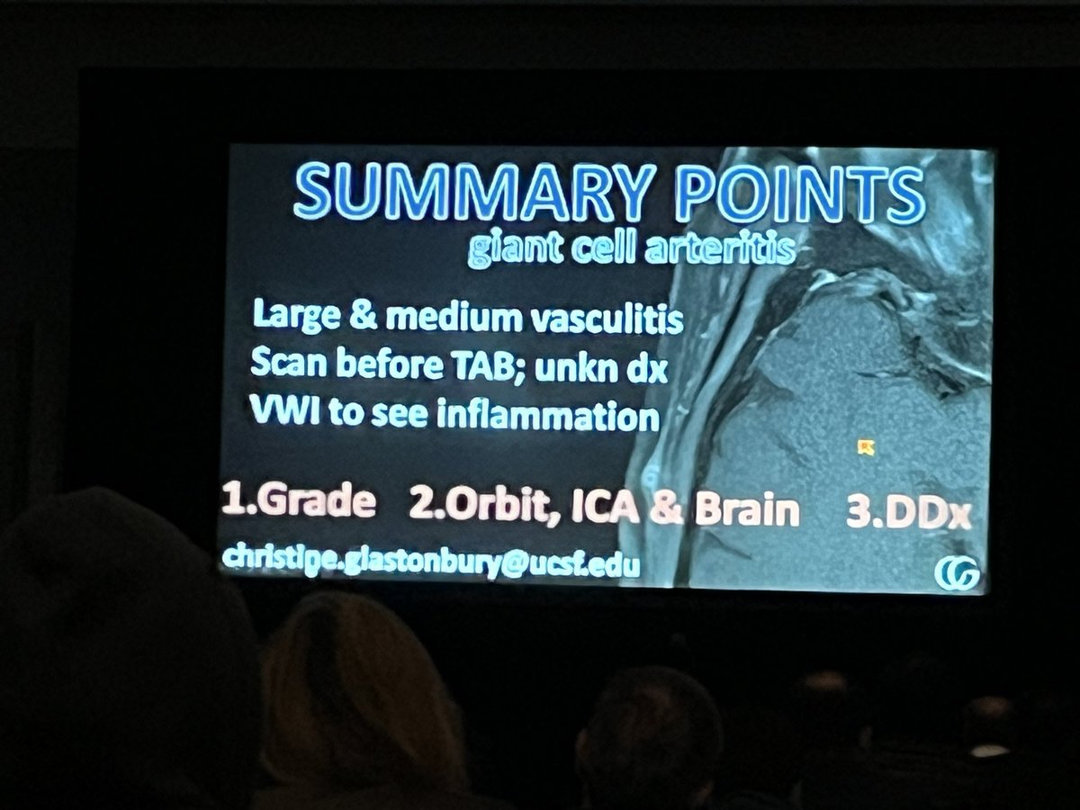 The inimitable @CMGlastonbury on #giantcellarteritis and the applications of #AWI #VWI for better pt selection for bx! #ashnr23 @UCSFimaging