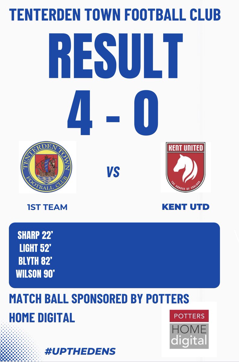 TenterdenTownFC's tweet image. Result!

1st team 4-0 Kent UTD

Superb performance from the boys today, a well deserved victory &amp;amp; a clean sheet. 

Great day at the office for the boys! 

Match ball sponsored by Potters Home Digital ⚽️🤝

#UpTheDens