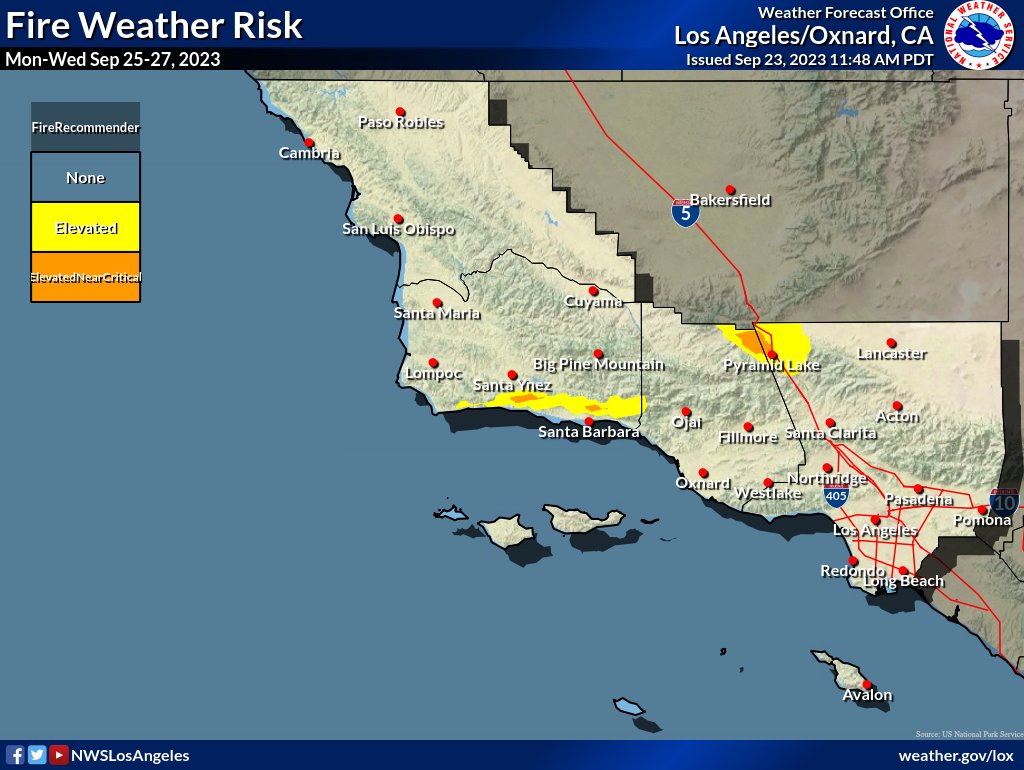 Elevated fire weather risk for Southern Santa Barbara County and the I-5 Corridor, Monday-Wednesday. Be extra careful with anything that could start a fire! #CAwx #FireWX