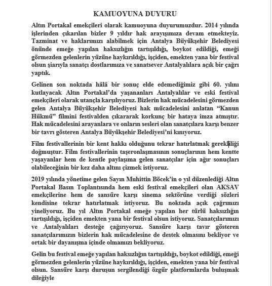 Altın Portakal emekçilerinin duyurusudur. Sansüre karşı desteğimizi sunuyoruz.  <a href="/aliercivan/">Ali Ercivan</a> <a href="/AosOnursaylak/">onursaylak</a> @annamariaaslanoglu <a href="/demetakbag/">Demet Akbağ</a> <a href="/ezop2011/">ezel akay</a> <a href="/altyazifasikul/">Altyazı Fasikül: Özgür Sinema</a> <a href="/altyazidergisi/">Altyazı Sinema Dergisi</a> <a href="/oezcanalper/">Özcan Alper</a> <a href="/NejlaDemirci1/">Nejla Demirci</a> <a href="/LeventUzumcu/">Levent Üzümcü</a> <a href="/AysegulAldinc/">Ayşegül Aldinç</a>