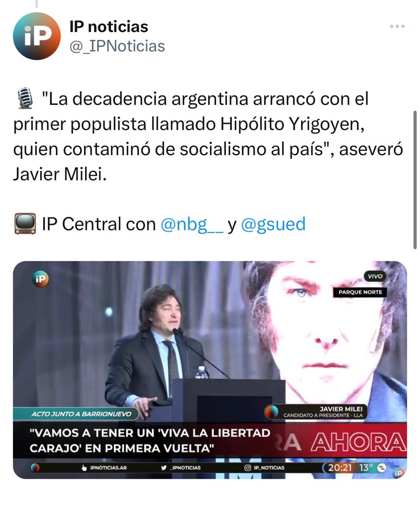 MoreauLeopoldo's tweet photo. Ataca a Yrigoyen q durante 26 años hizo revoluciones y sufrió persecuciones para q el pueblo pudiera votar libremente para elegir sus gobernantes. También porque impusó el guardapolvo blanco en los colegios para que la ropa no diferenciará al chico pobre del chico rico. Milei odia al pueblo.