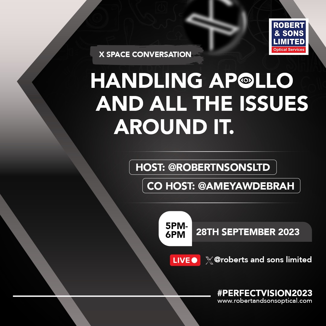 Join our enlightening X Space conversation where we explore the topic 'Handling Apollo and all the issues around it.' 👁️💡Reply with the questions you have concerning Apollo and our optometrist will answer them. 
#EyeHealth #VisionMatters #RobertandSons