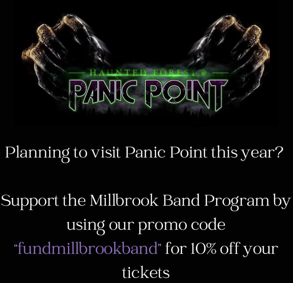 Today's a great day to purchase your Panic Point tickets! Use the code: fundmillbrookbands for 10% off your tickets.  Use this link to purchase tickets: bit.ly/MillbrookBands…
#millbrookbands #panicpointNC #hauntedattraction