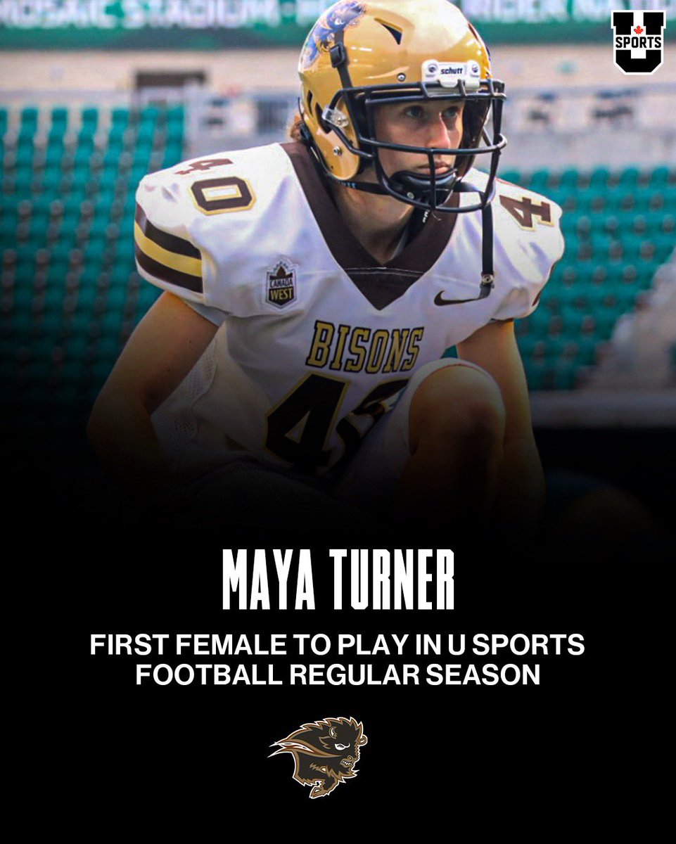 Kicker Maya Turner makes history as the first-ever female to suit up in a U SPORTS regular season football game for the Manitoba Bisons 👏

Botteuse Maya Turner est la première femme à participer à un match de football de saison régulière U SPORTS pour les Bisons du Manitoba 👏