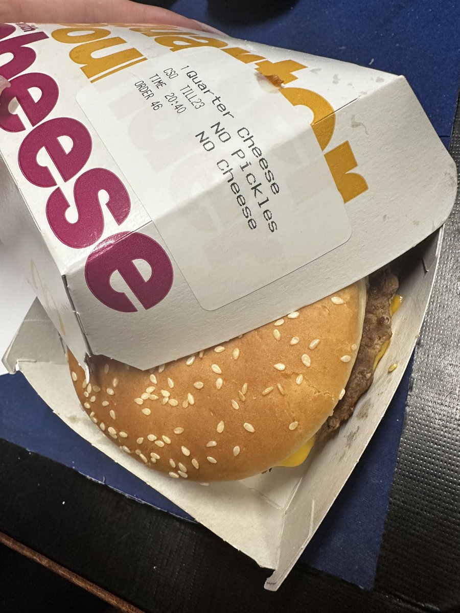 __itsgeorgia's tweet photo. @McDonaldsUK this has ruined my whole day, asked for no cheese, sticker specifies no cheese, but the burger has cheese. 😭 https://t.co/ATDGCN4FxF