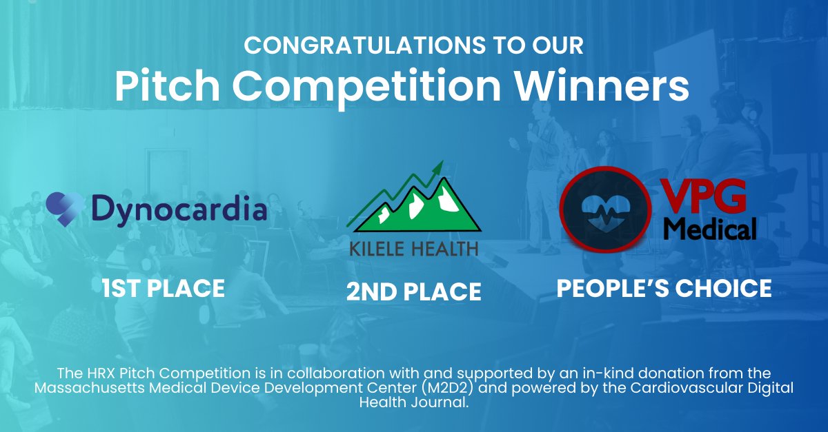 Congratulations to this year's #HRX2023 Pitch Competition awardees, Dynocardia, Kilele Health, and @VPGMedical!

And thank you to the Massachusetts Medical Device Development Center (M2D2) for their in-kind donation and the @CVDH_journal for their support.