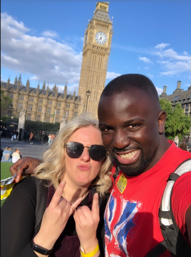 Supertanskiii with Femi, who is wearing a British union flag t-shirt on the 2023 #RejoinMarch 🤡