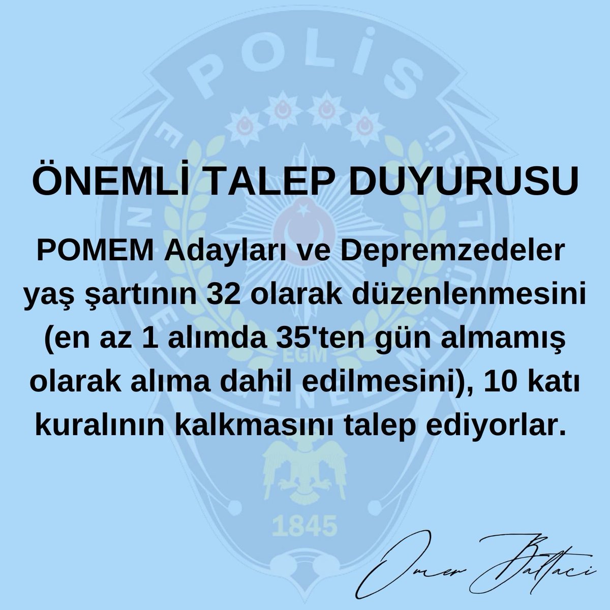 POMEM Adayları ve Depremzedeler yaş şartının 32 olarak düzenlenmesini (en az 1 alımda 35'ten gün almamış olarak alıma dahil edilmesini), 10 katı kuralının kalkmasını talep ediyorlar. Bu talebin duyulması için elimizden geldiği kadar @tcicisleri'ni yorumlara etiketleyelim. 🇹🇷