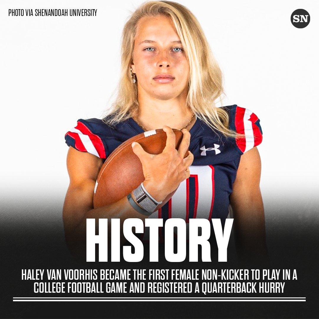 Haley Van Voorhis became the first female non-kicker to appear in an college football game 👏 She plays safety at D-III Shenandoah University.