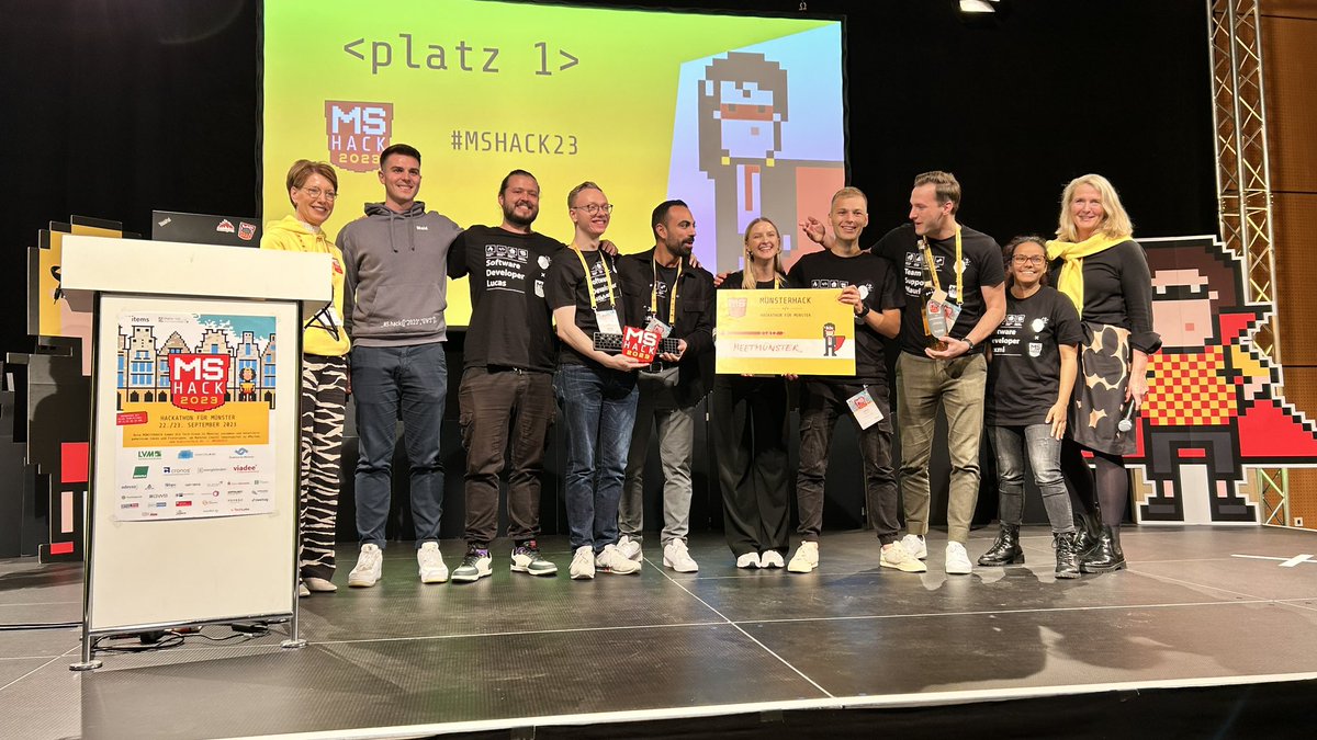 DigitalHubMs's tweet photo. #MSHACK23 AND THE WINNER IS: MEETMÜNSTER! #Meetmünster soll die Stadt erlebbar machen mithilfe von KI-generierten Stadtführungen, zugeschnitten auf individuelle Interessen. Herzlichen Glückwunsch! @items_GmbH https://t.co/XtQqXwMCHO