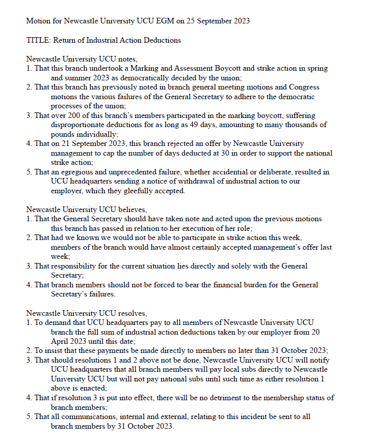 This is a motion I am submitting to Monday's EGM of <a href="/NewcastleUniUCU/">Newcastle University UCU newcastleucu.bsky.social</a>. I hope it is as calm as can be expected. I think it addresses the key concrete issue at hand (we rejected a weak offer &amp; then had the rug pulled out from under us by <a href="/ucu/">UCU</a>) &amp; offers redress. Happy to discuss.