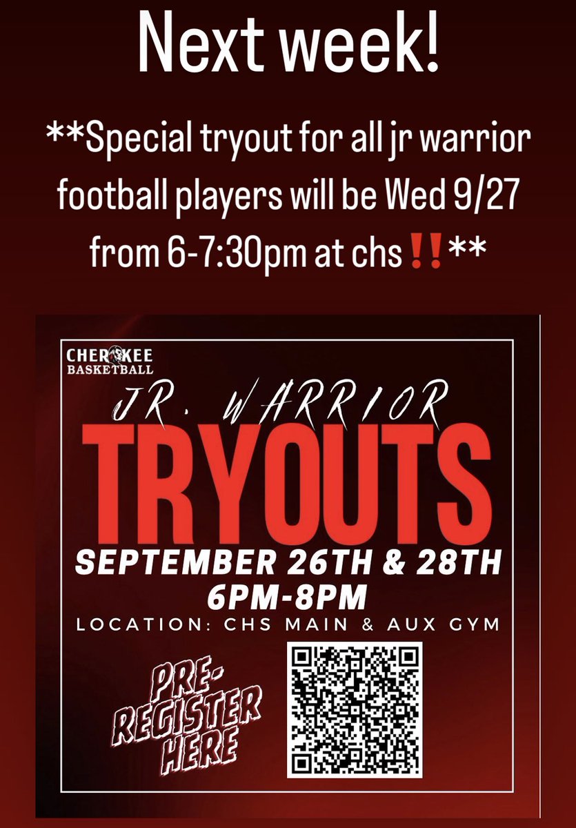 Jr warrior tryout information is 👇 

Note: anyone playing Jr warrior football will have special tryout on Wednesday 9/27‼️ 

Register here: forms.office.com/Pages/Response…