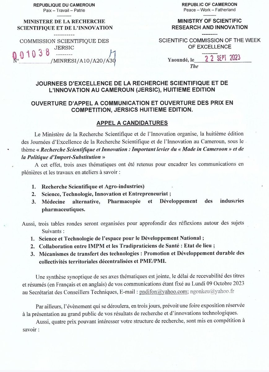 MINRESI_CM's tweet photo. HUITIÈME ÉDITION DES JOURNÉES D'EXCELLENCE DE LA RECHERCHE SCIENTIFIQUE ET DE L’INNOVATION DU CAMEROUN #JERSIC
Appel à candidatures : Communications Scientifiques et Prix en compétition
@CRTV_web @actucameroun @Mipromalo_Cmr @CameroonIrad @canal2inter https://t.co/ERhFdjeZhM