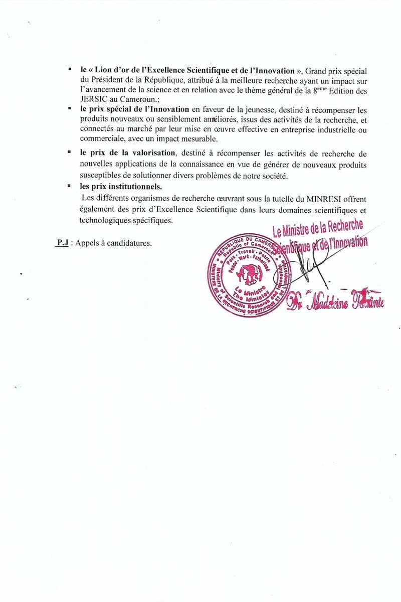 MINRESI_CM's tweet photo. HUITIÈME ÉDITION DES JOURNÉES D'EXCELLENCE DE LA RECHERCHE SCIENTIFIQUE ET DE L’INNOVATION DU CAMEROUN #JERSIC
Appel à candidatures : Communications Scientifiques et Prix en compétition
@CRTV_web @actucameroun @Mipromalo_Cmr @CameroonIrad @canal2inter https://t.co/ERhFdjeZhM