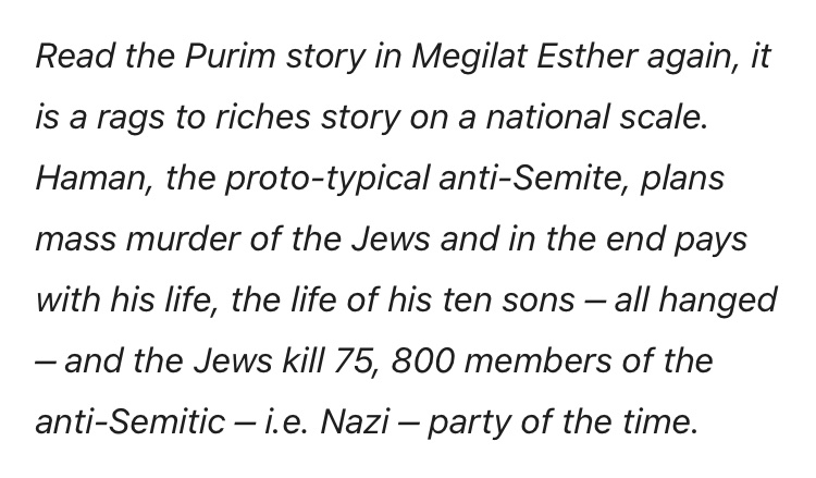 Purim is a vengeful holiday which celebrates the killing of 50-75,000 Amalekites, men, women and children. This supplements her Violence music video depicting the killing of those deemed Amalek.