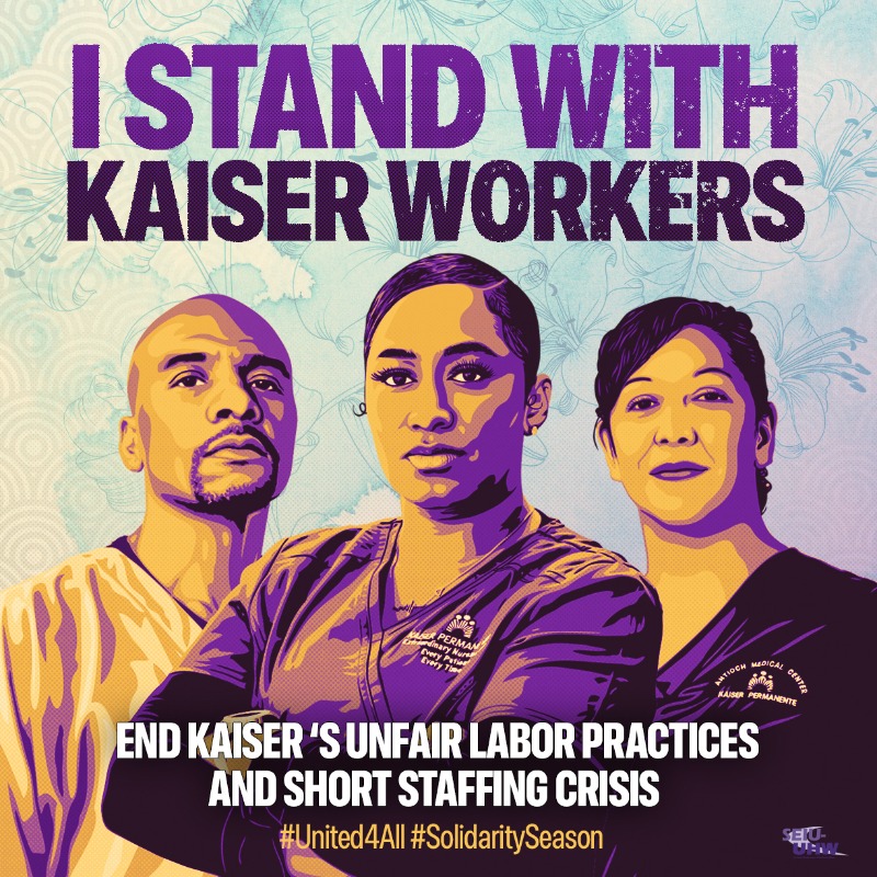 .@KPThrive is bargaining in bad faith, leaving frontline healthcare workers no choice but to strike. I stand w/ workers protesting Kaiser execs’ bad-faith bargaining & refusal to fix short-staffing. #UnitedforAll #SolidaritySeason KaiserStrike.com